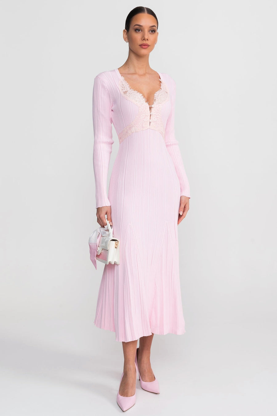 Ribbed Long Sleeve Midi Dress With Lace-Trim V-Neckline - Baby Pink