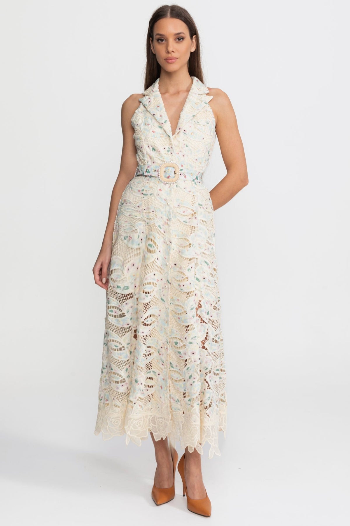 Halter Lace Midi Dress with Belted Waist – Ivoire