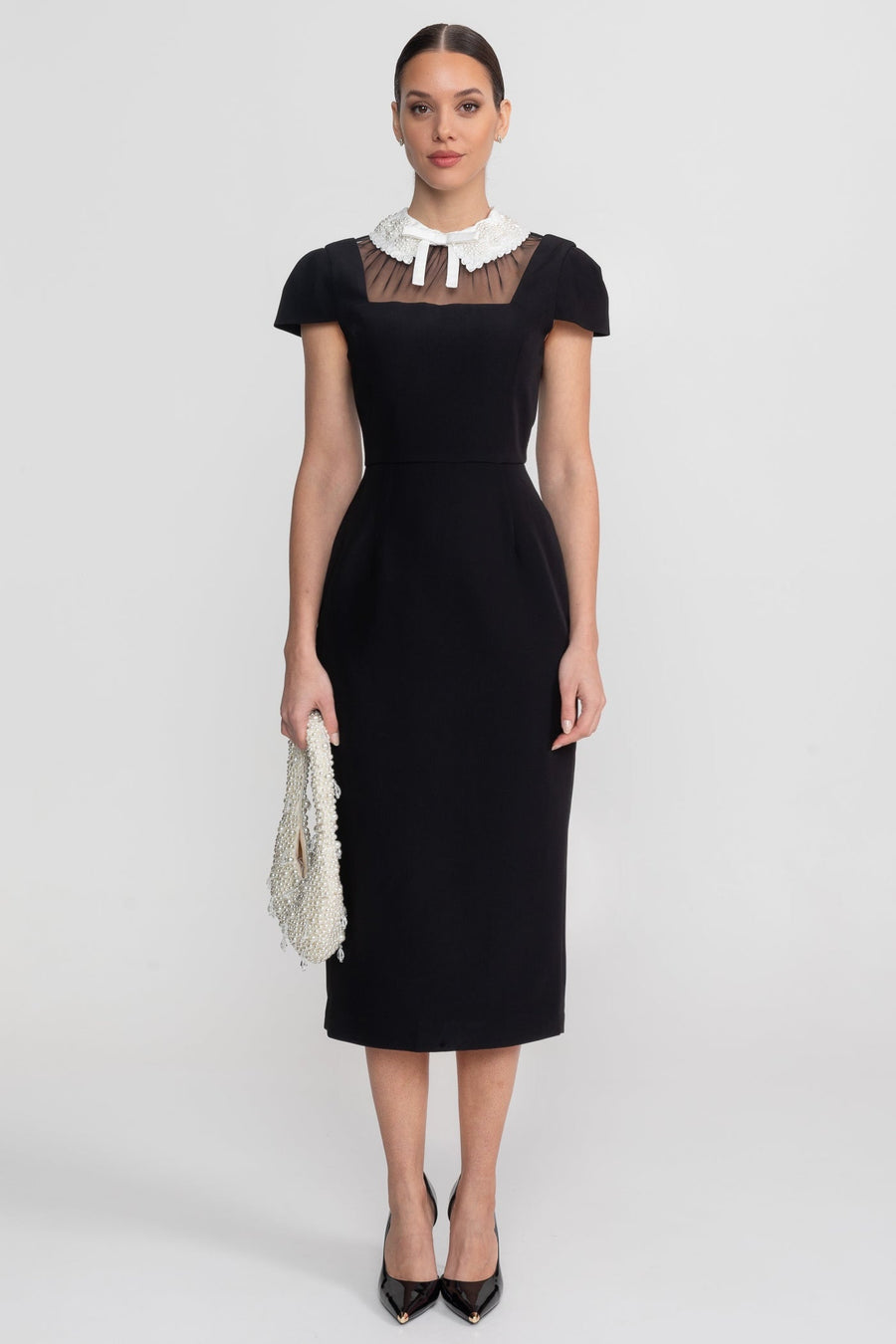 Cap Sleeve Midi Dress With Lace Collar Tie Detail - Black