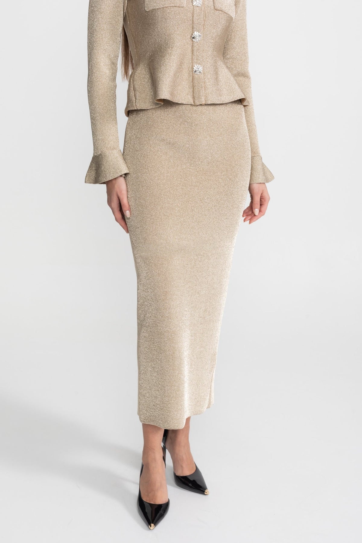 Shimmer Knit Dress with Crystal Button Accents – Champagne