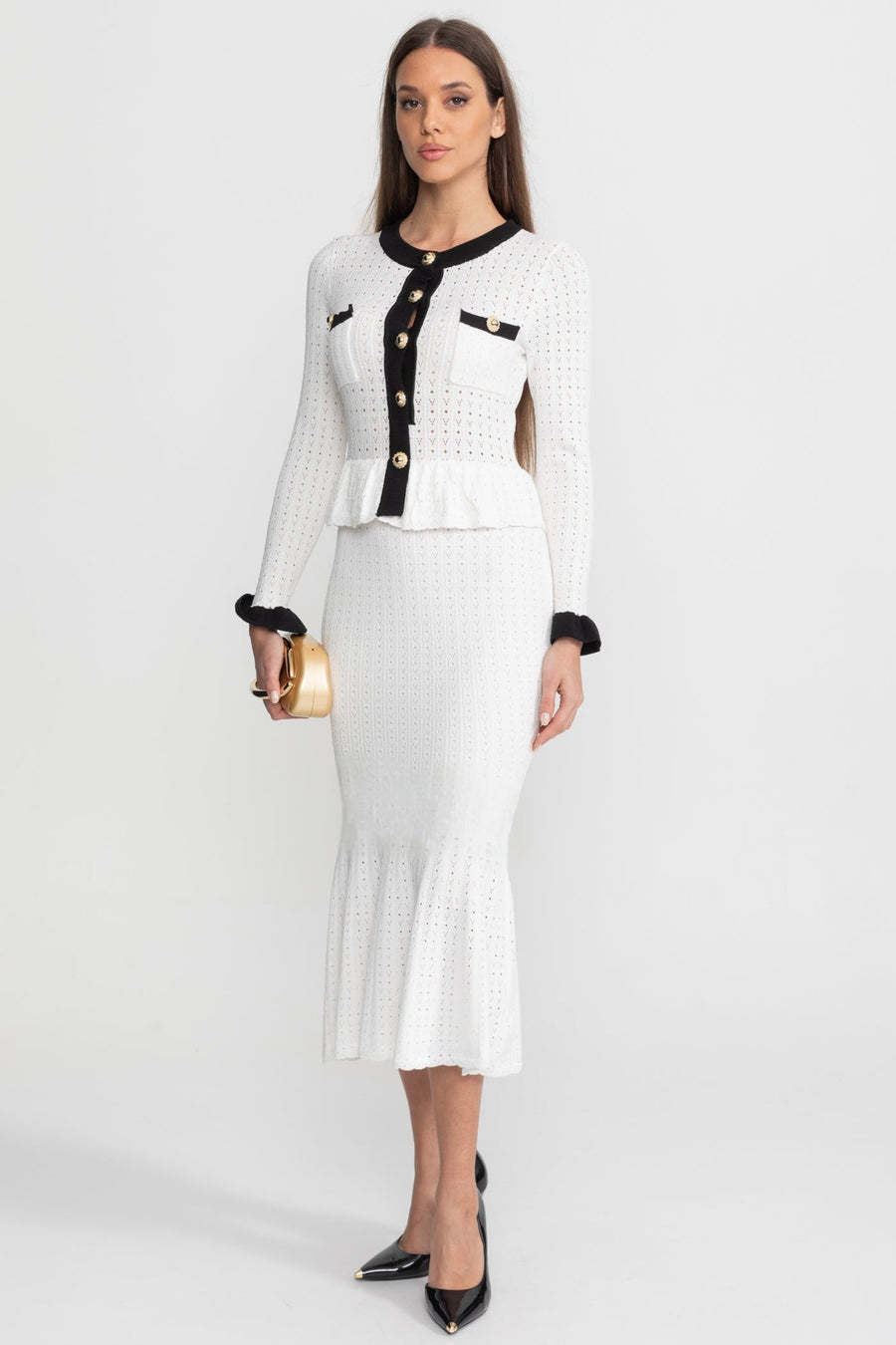 Pointelle Knit Midi Co-Ord with Contrast Trim – White