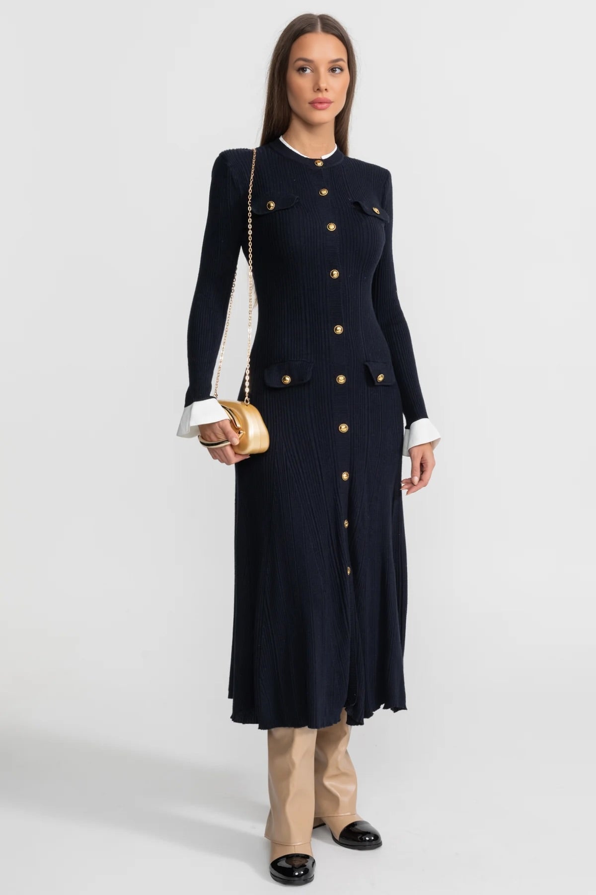 Ribbed Knit Midi Dress with Gold Button Fastening - Dark Blue