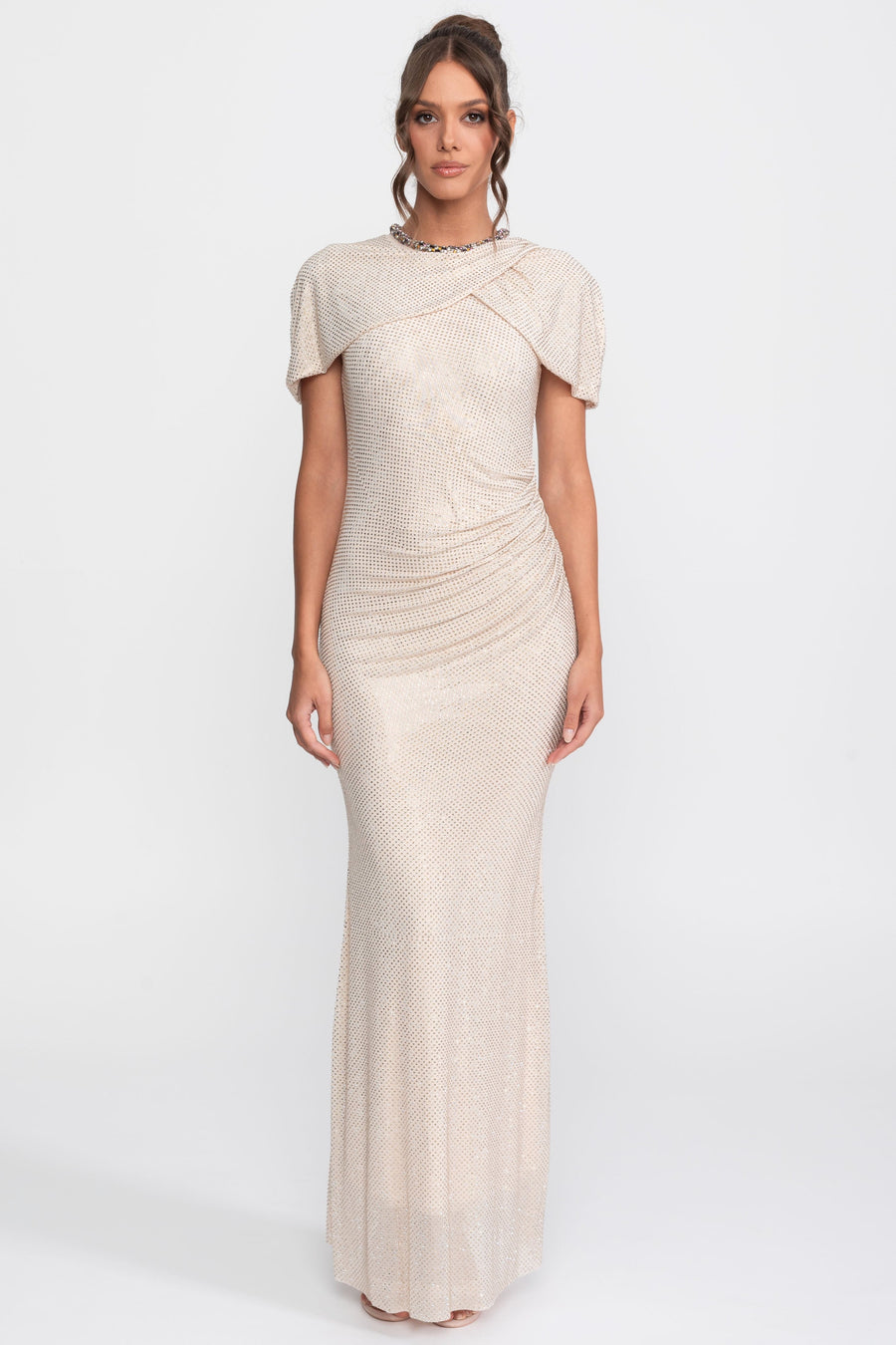 Crystal Trim Sequin Column Gown With Cross-Wrap Sleeve - Champagne
