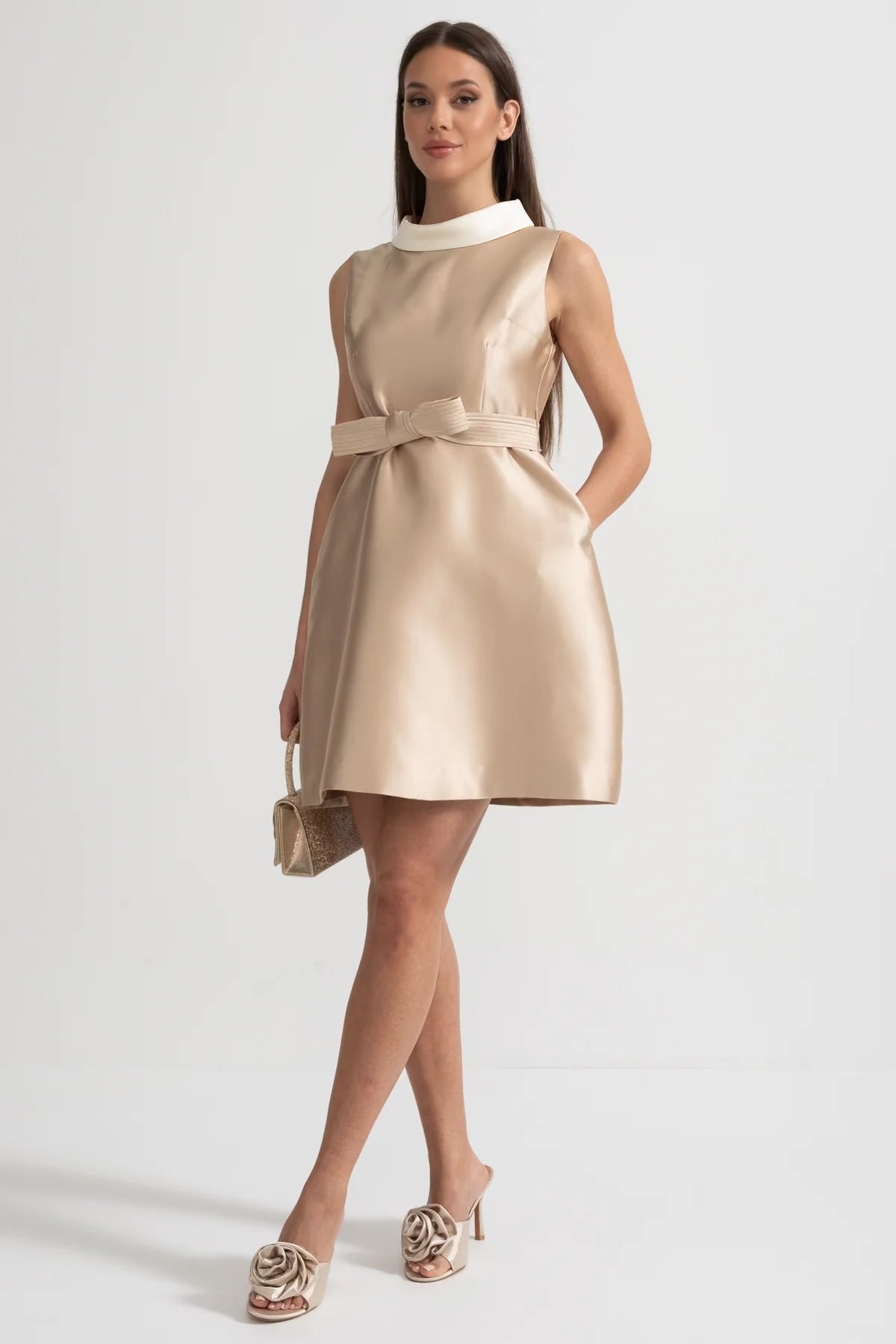 Satin Dress With Contrasting White Collar And Coordinated Matching Bow Belt - Beige