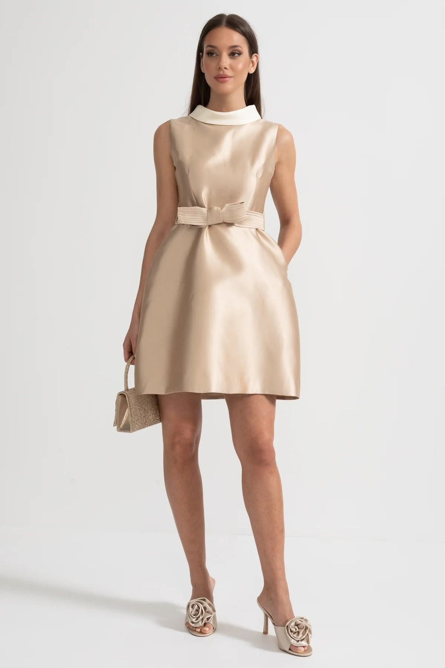 Satin Dress With Contrasting White Collar And Coordinated Matching Bow Belt - Beige