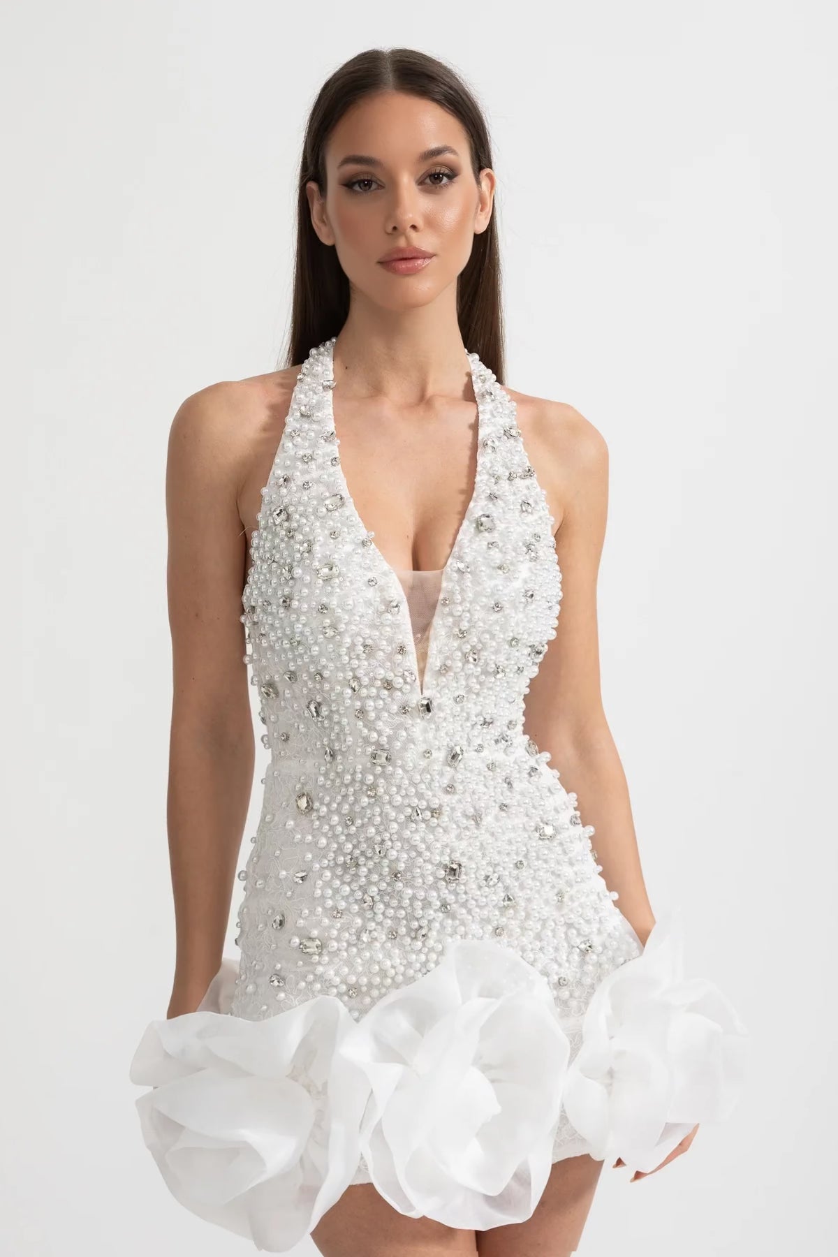Sleeveless Mini Dress With Deep V-Neckline And Intricate Pearl And Bead Embellishments - White