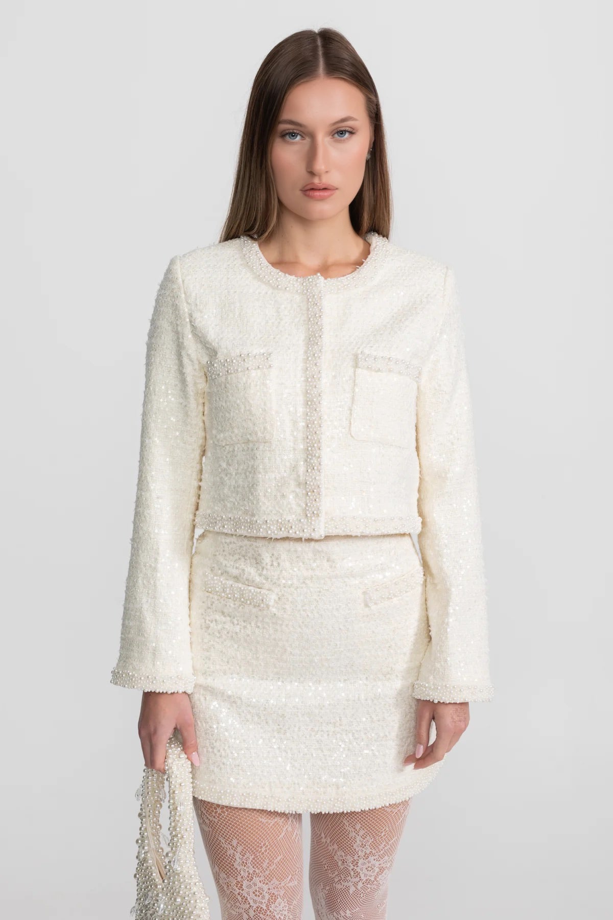 Tweed Mini Skirt With Beaded Trim And Hemline - Ivoire