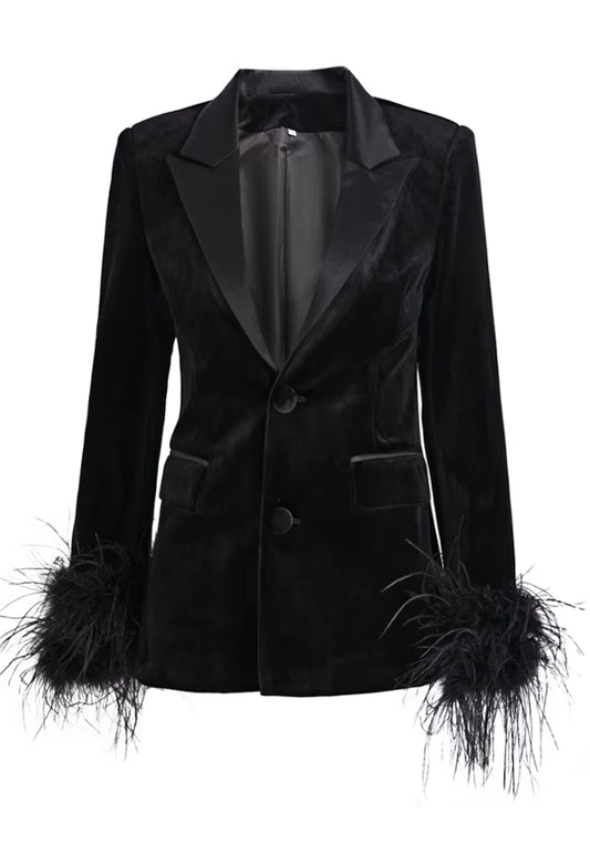 Tüylü Düğmeli Cepli Kadife Blazer Ceket