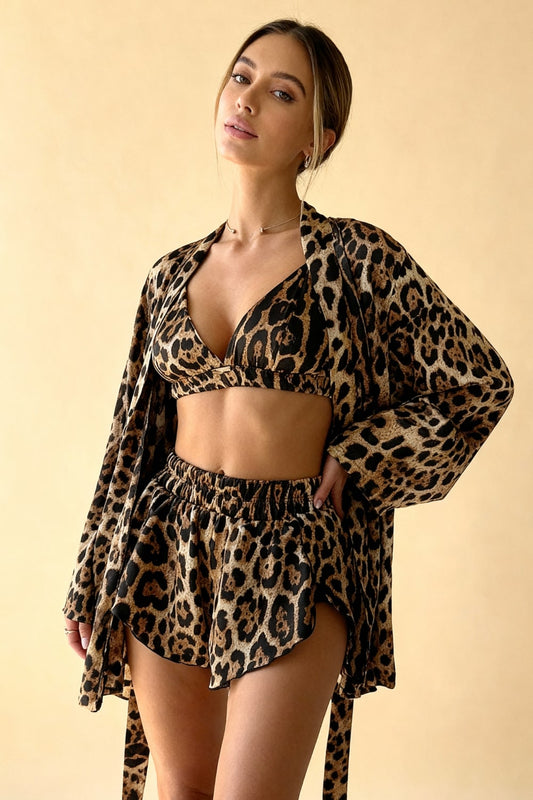 leopar desenli saten 3 parçalı pijama takımı Felina, görsel 1