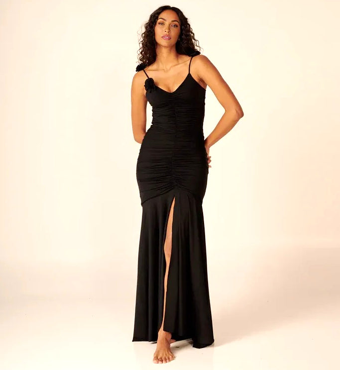 V Yaka Büzgülü Çiçekli Uzun Elbise