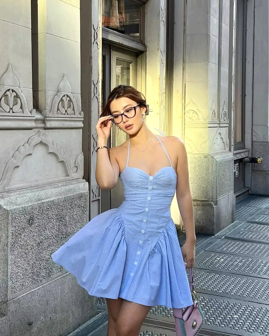 Bustiyer Halter Yaka Düğmeli Mini Elbise