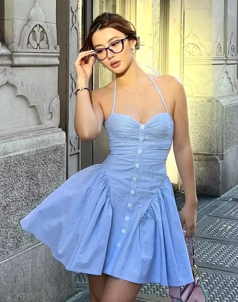 Bustiyer Halter Yaka Düğmeli Mini Elbise