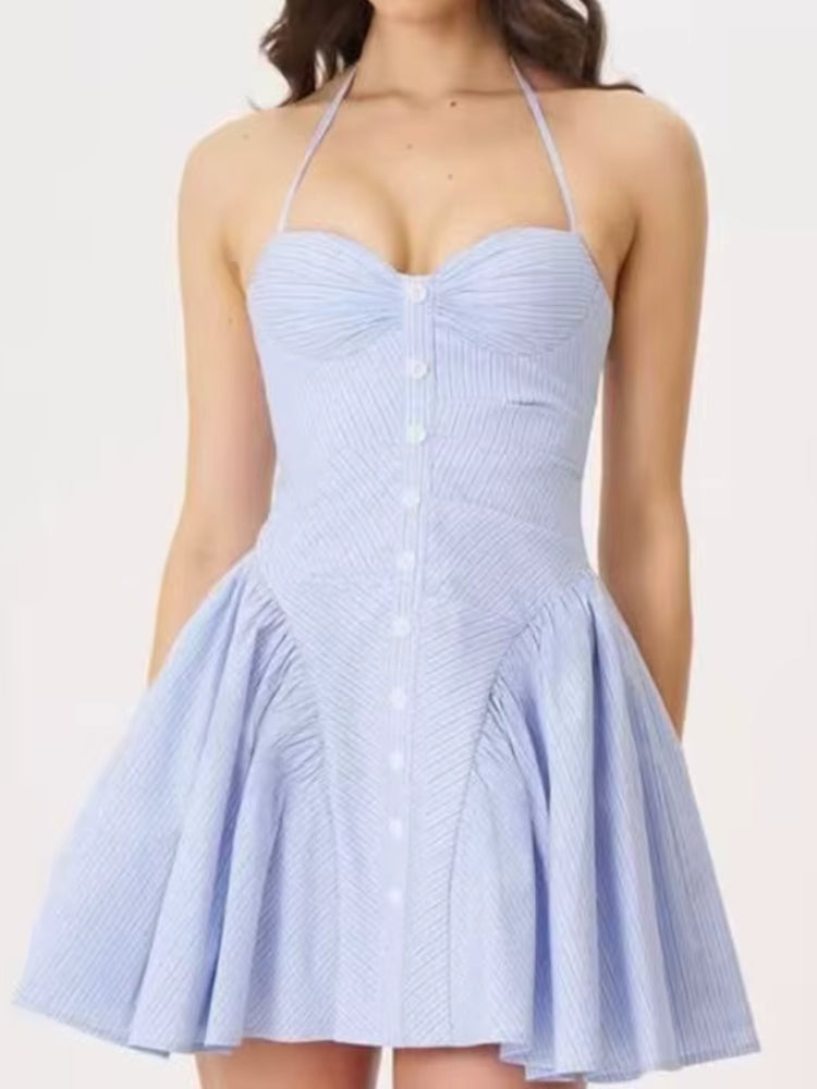 Bustiyer Halter Yaka Düğmeli Mini Elbise