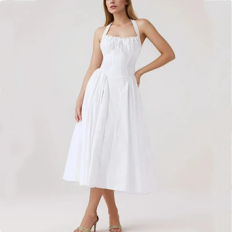 Bustiyer Halter Yaka Pileli Midi Elbise