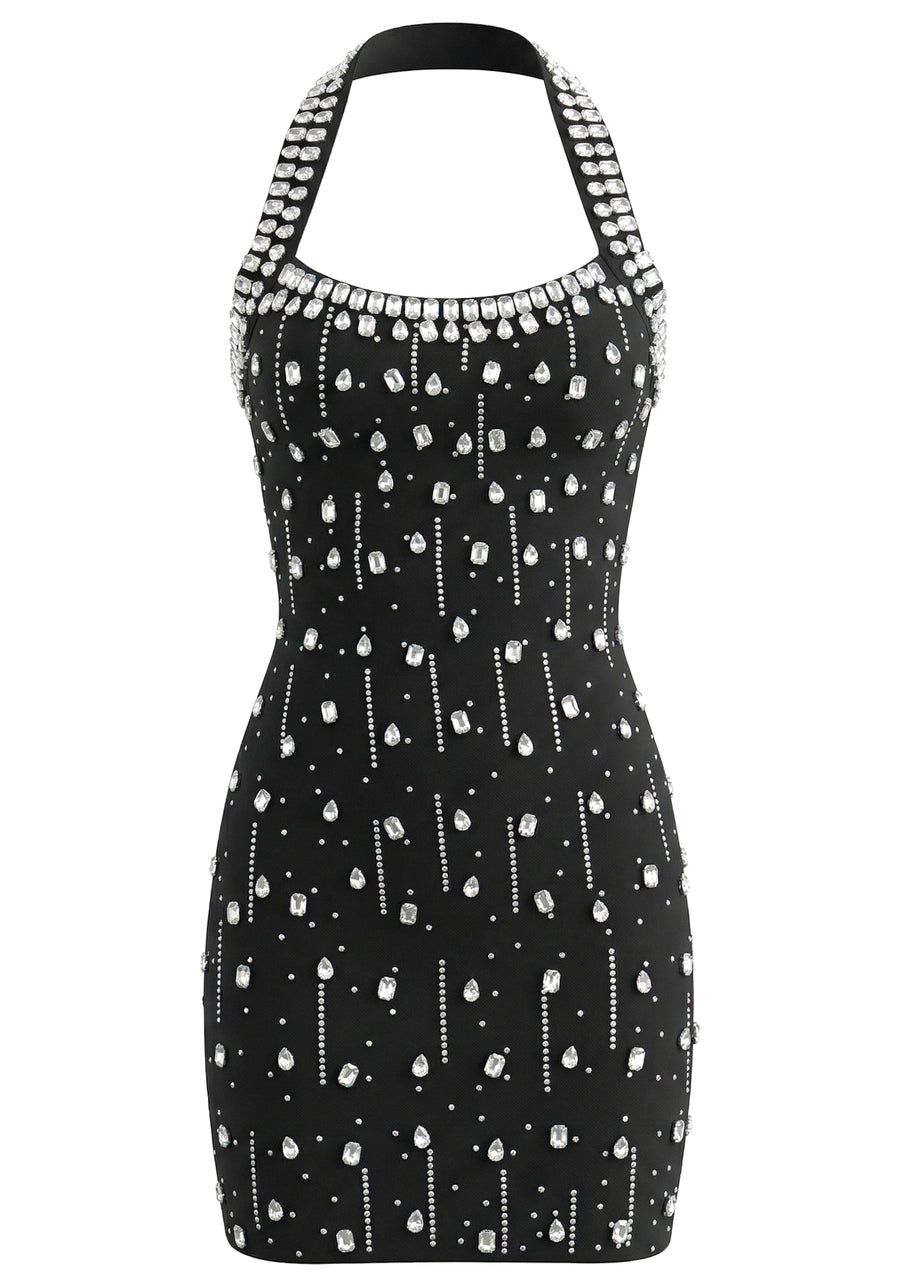 Halter Yaka Taşlı Mini Elbise