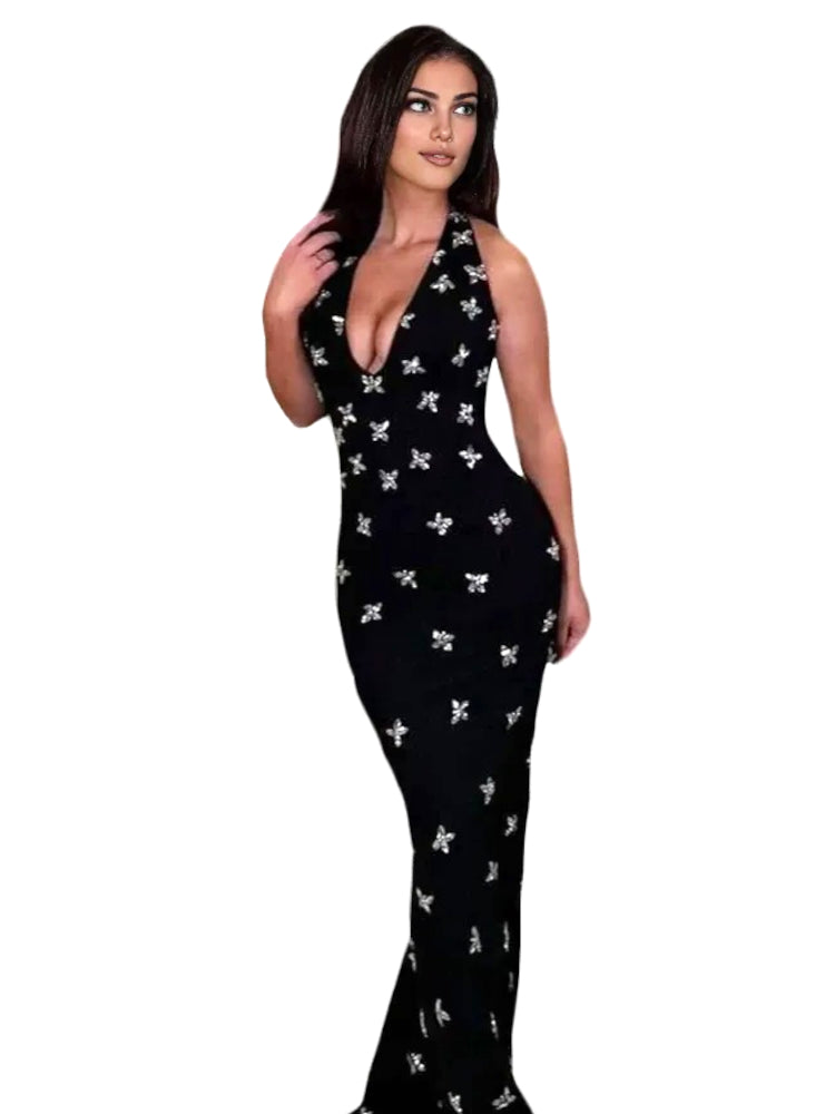 Halter Crystal Detail Backless Maxi Dress Black