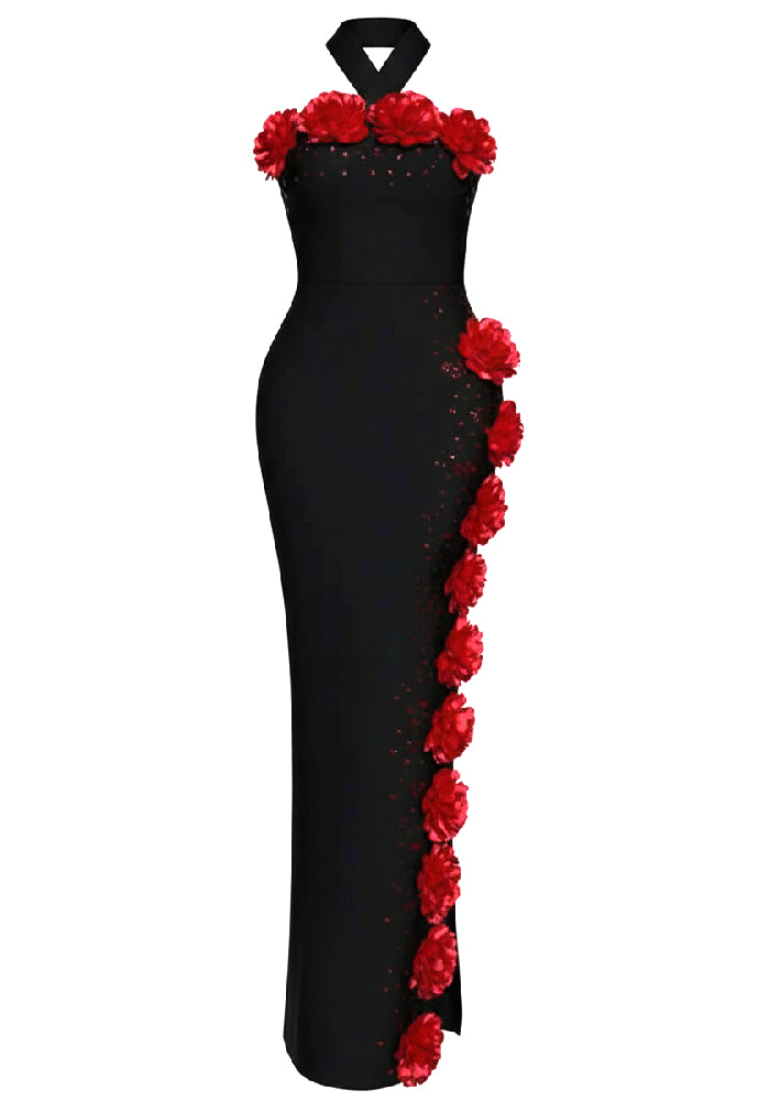 Halter Yaka Çiçekli Taşlı Uzun Elbise