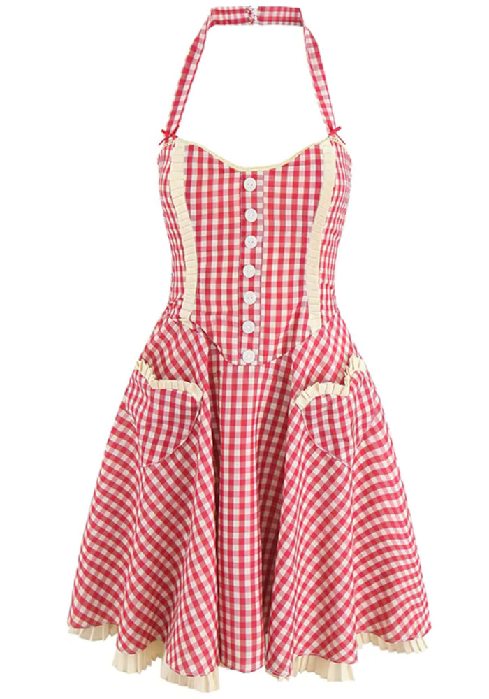 Halter Yaka Pileli Kolsuz Mini Elbise