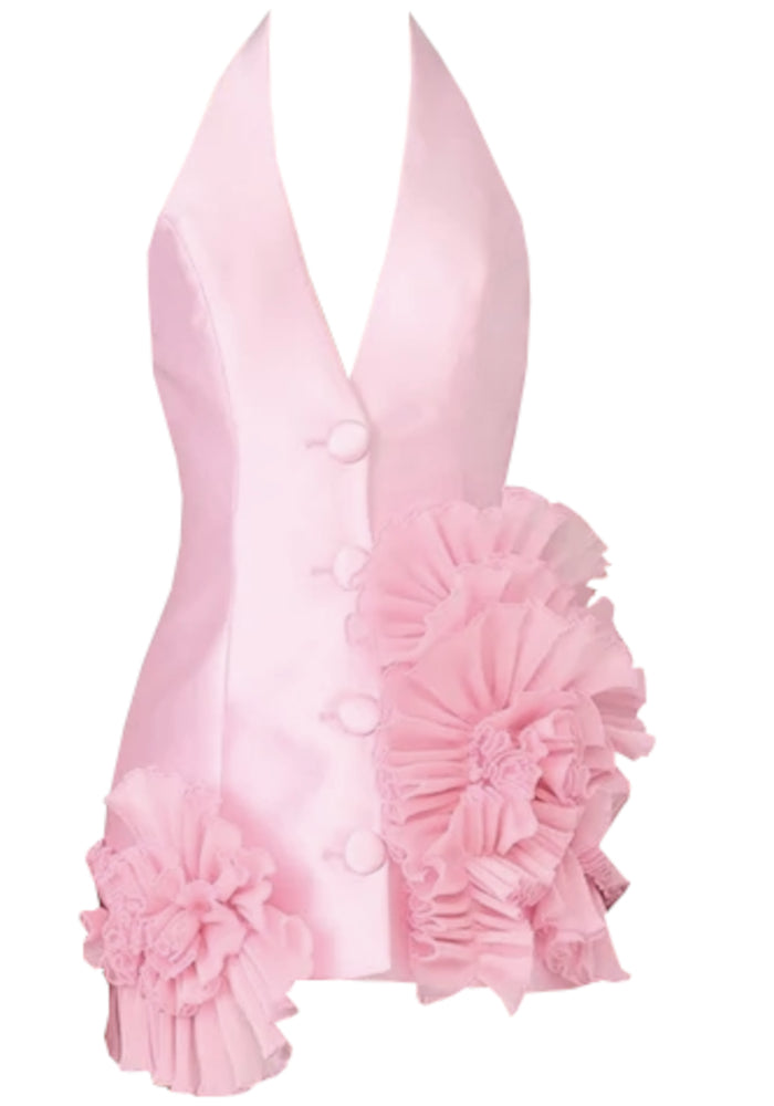 Halter Yaka Fırfırlı Çiçekli Mini Elbise