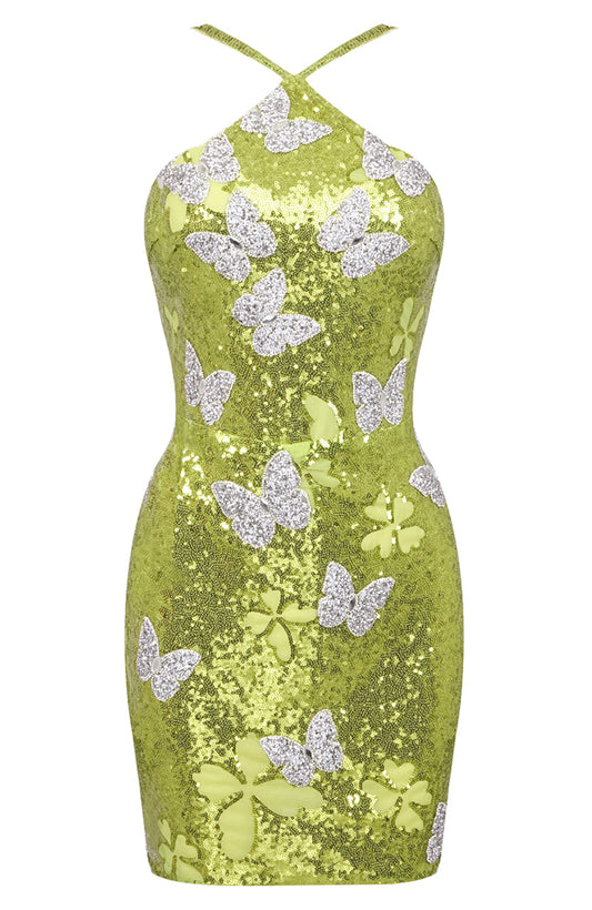 Halter Yaka Payetli Mini Elbise Yeşil