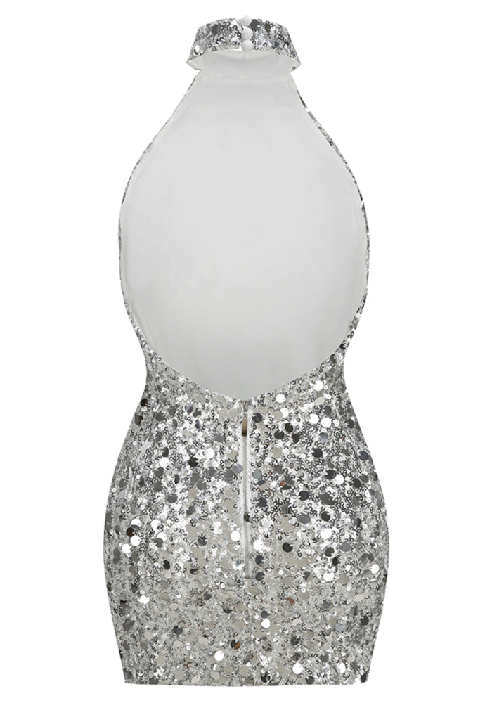 Halter Yaka Payetli Mini Elbise Gri