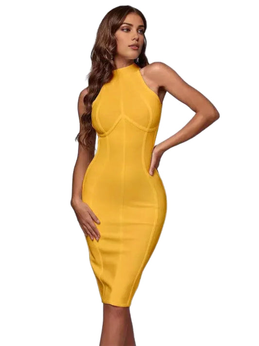 Halter Yaka Kolsuz Midi Elbise Sarı