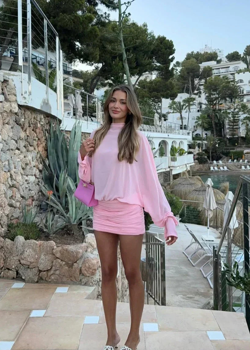 Uzun Kollu Mini Yazlık Kokteyl Elbisesi