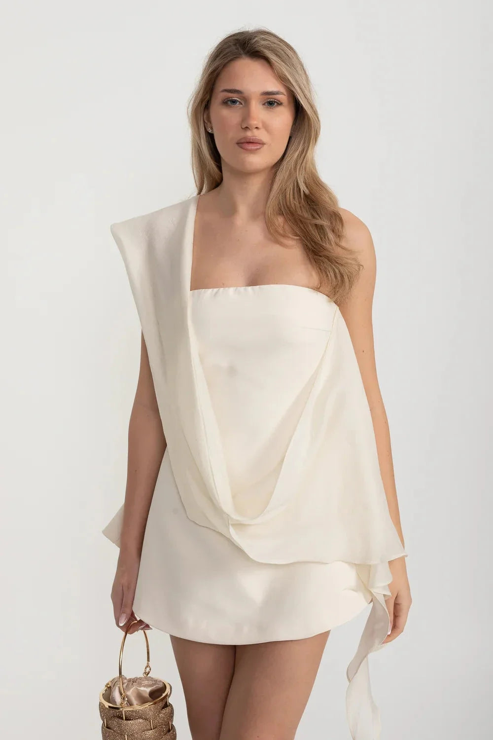 Strapless Fitted Mini Dress With Flared Skirt And Draping Scarf Attachment - Ivoire