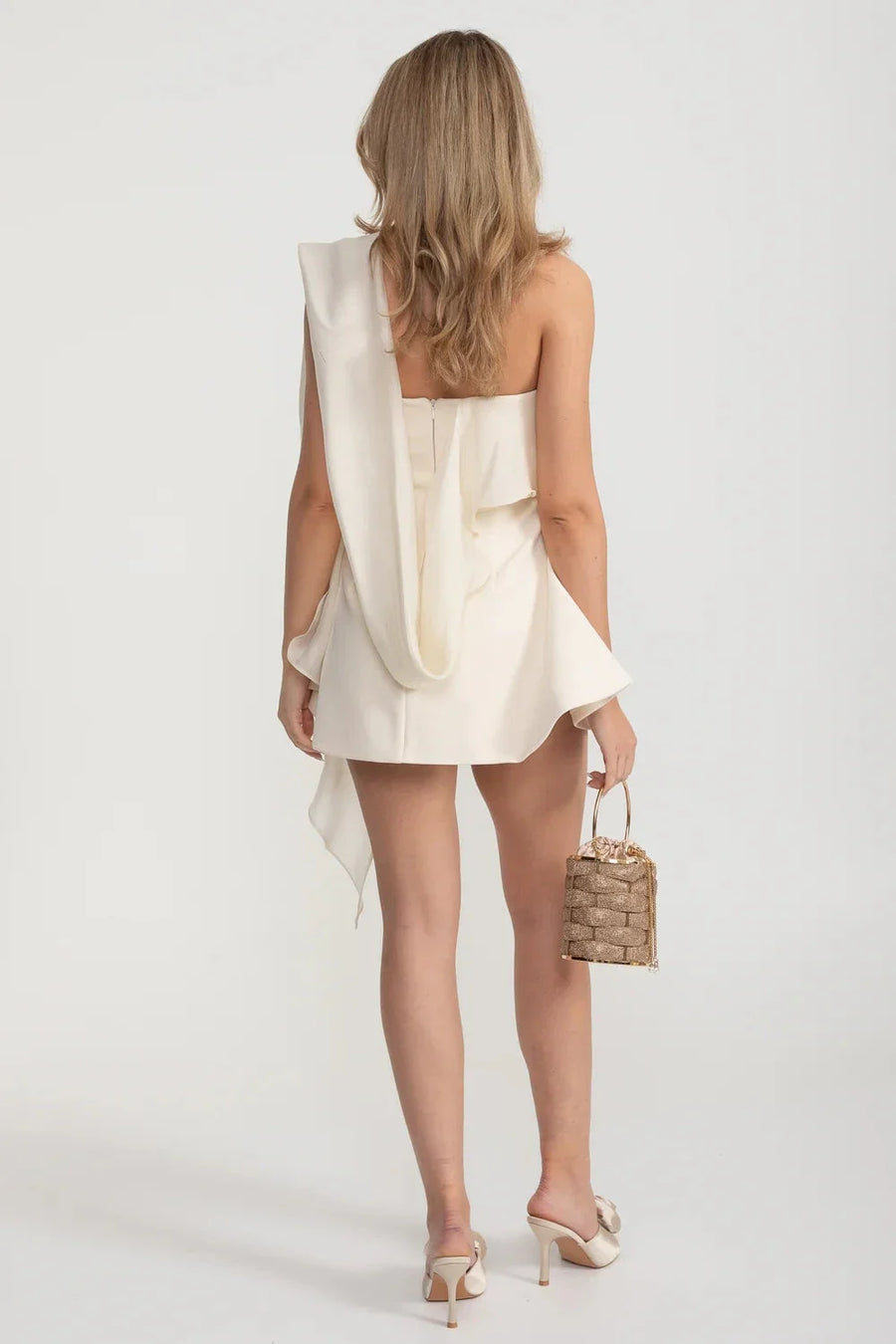 Strapless Fitted Mini Dress With Flared Skirt And Draping Scarf Attachment - Ivoire