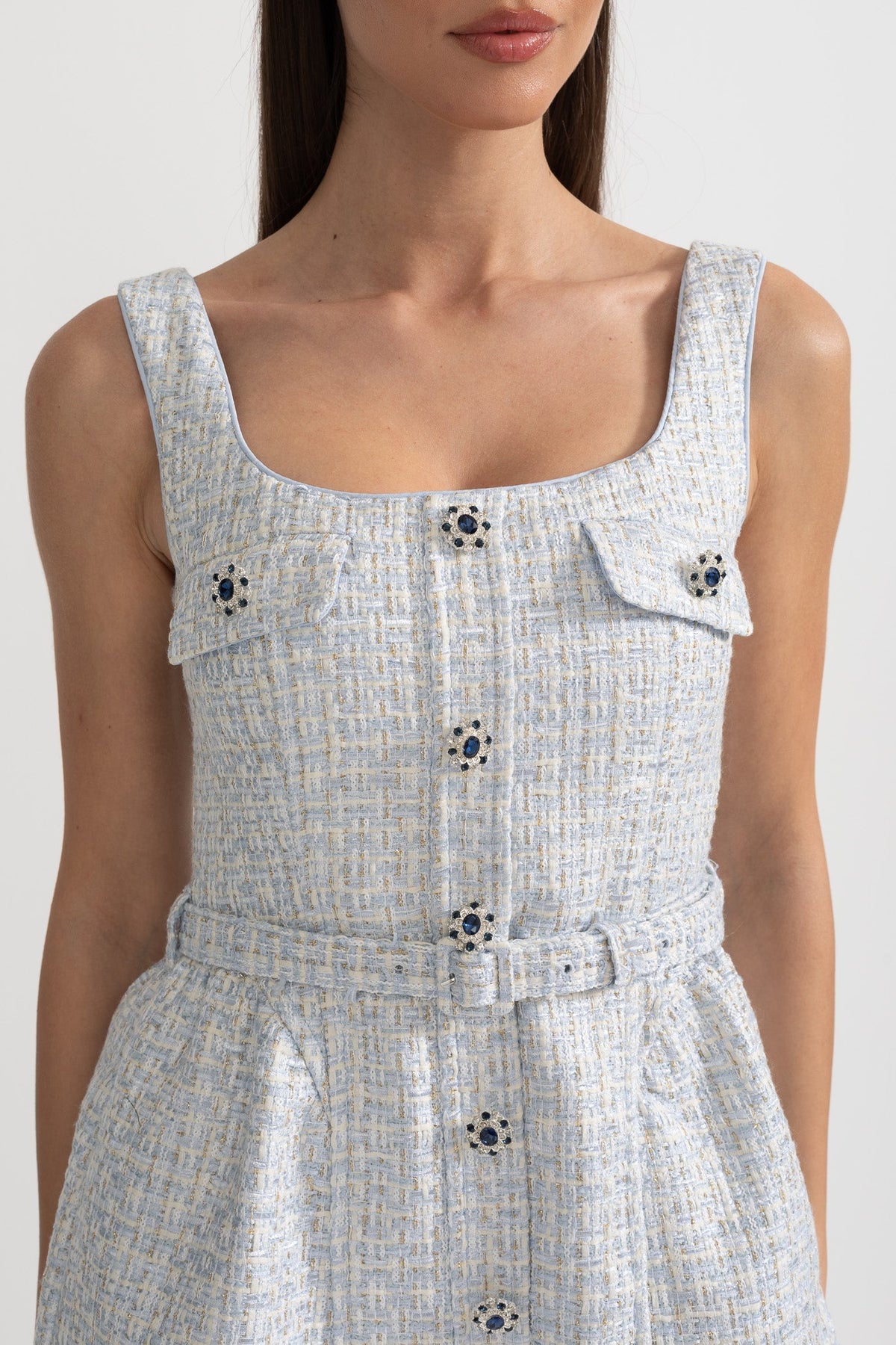 Textured Mini Dress With Fitted Bodice And Contrasting Buttons - Light Blue