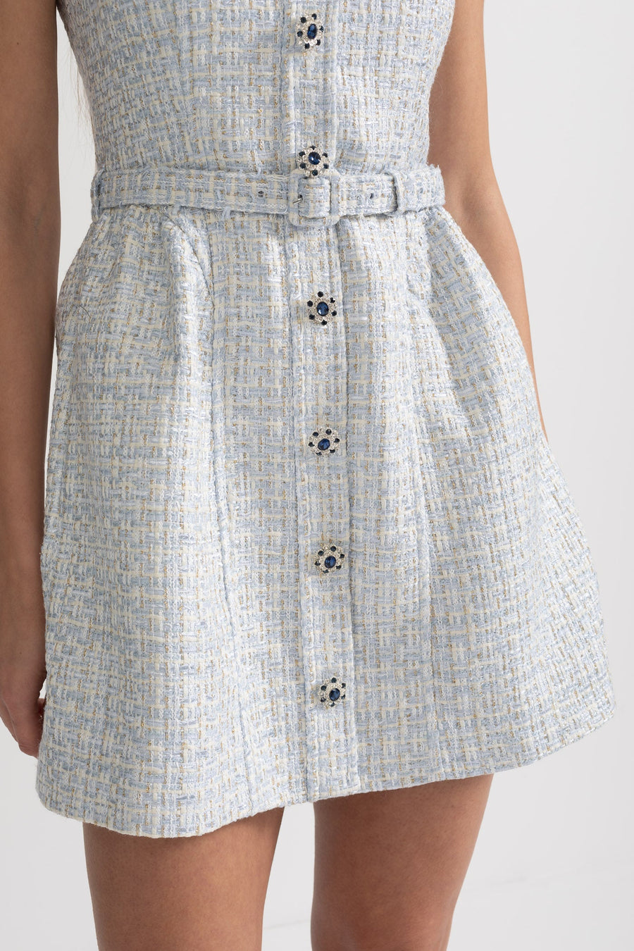 Textured Mini Dress With Fitted Bodice And Contrasting Buttons - Light Blue