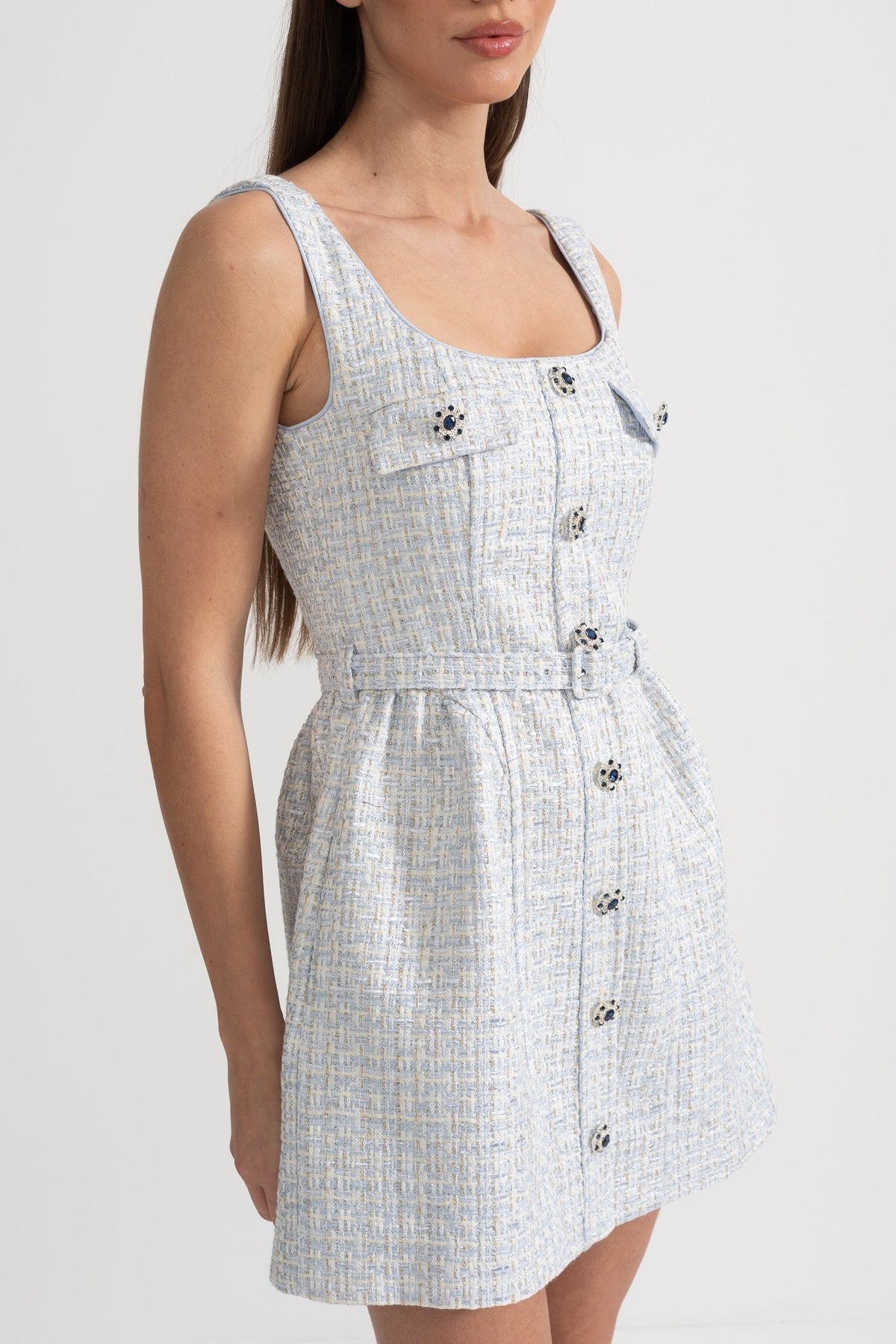 Textured Mini Dress With Fitted Bodice And Contrasting Buttons - Light Blue
