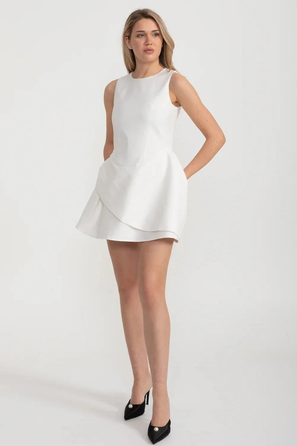 Contemporary Sleeveless Dress With Fitted Bodice And Asymmetrical Skirt - White