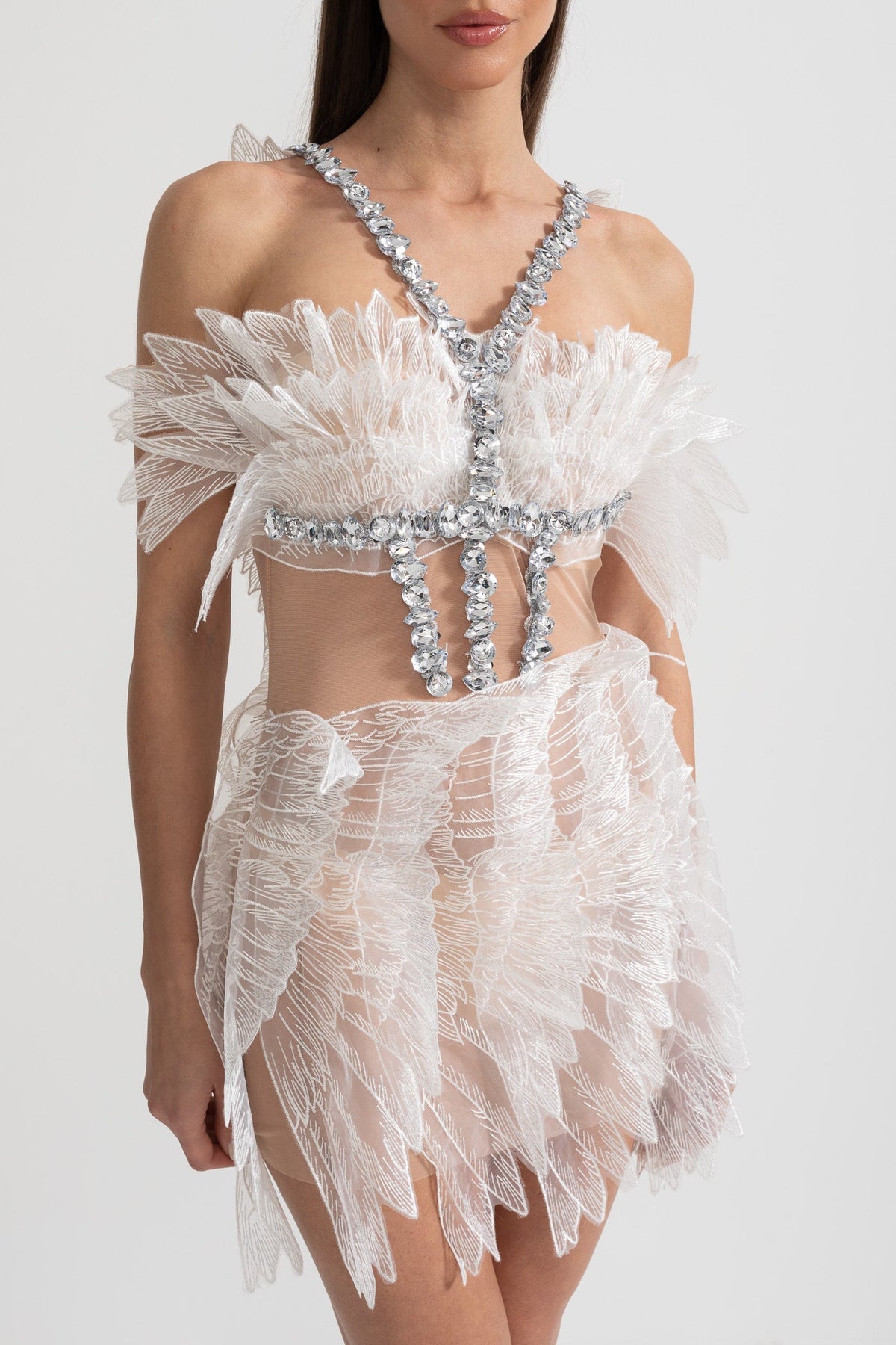Ethereal Mini Dress With Sheer Wings Texture And Crystal Embellishments - White