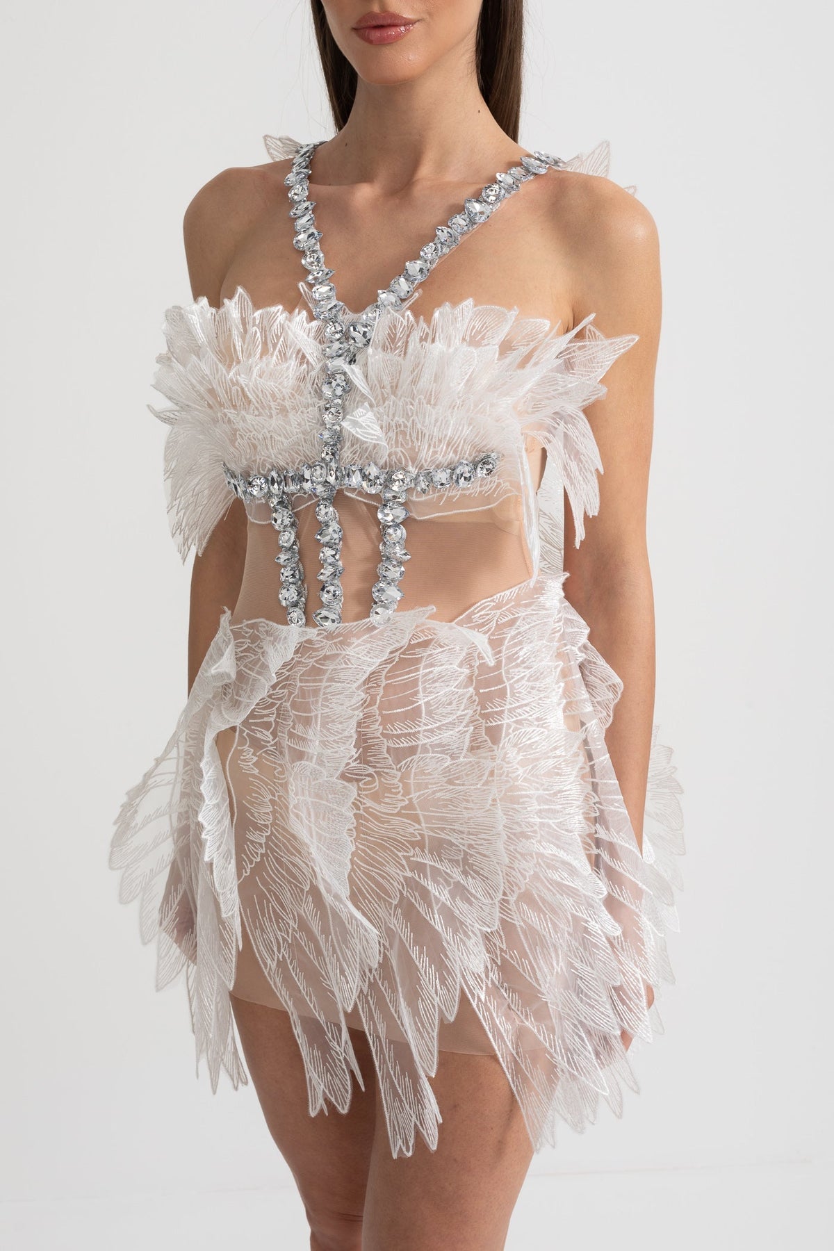 Ethereal Mini Dress With Sheer Wings Texture And Crystal Embellishments - White