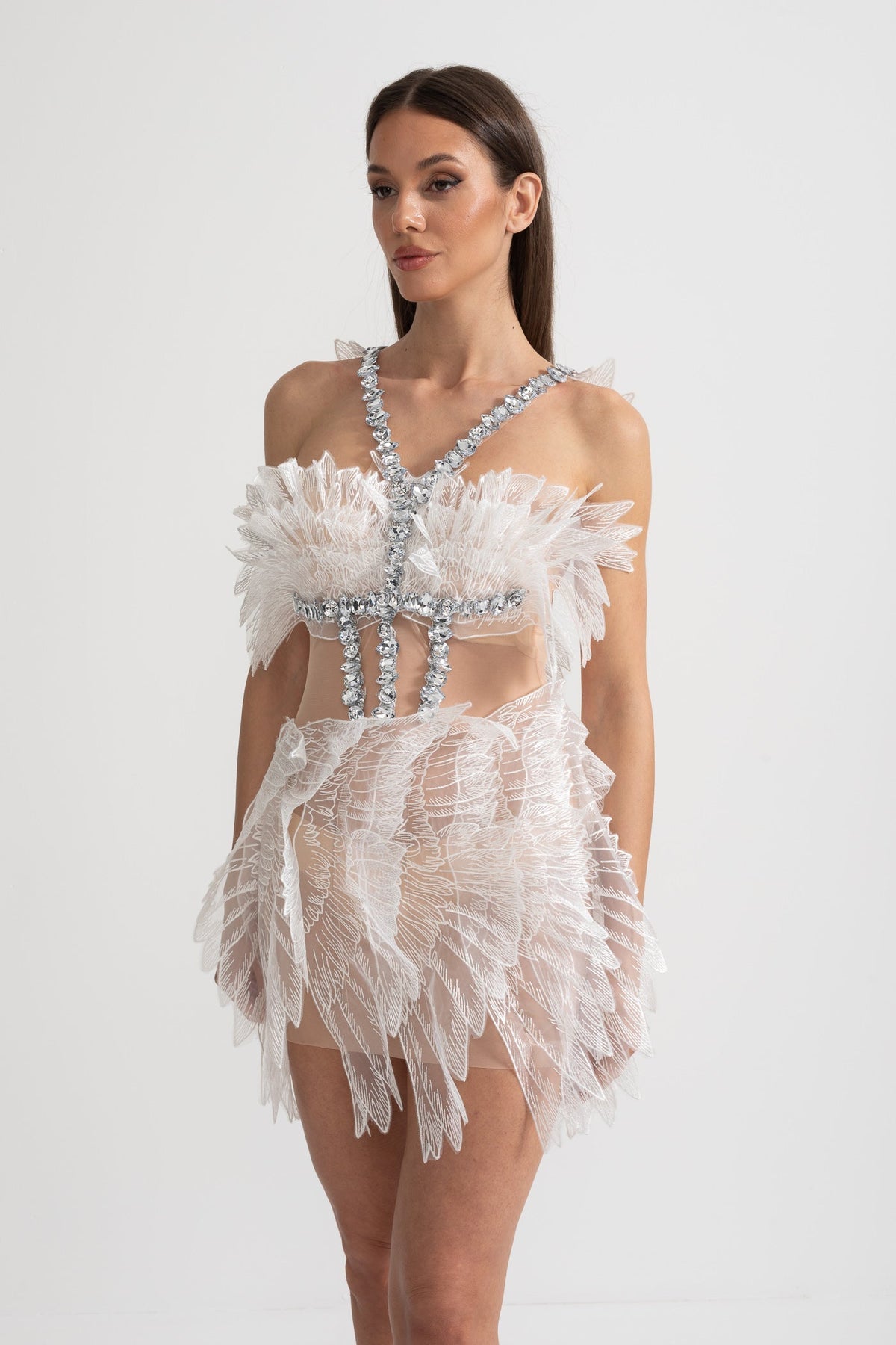 Ethereal Mini Dress With Sheer Wings Texture And Crystal Embellishments - White