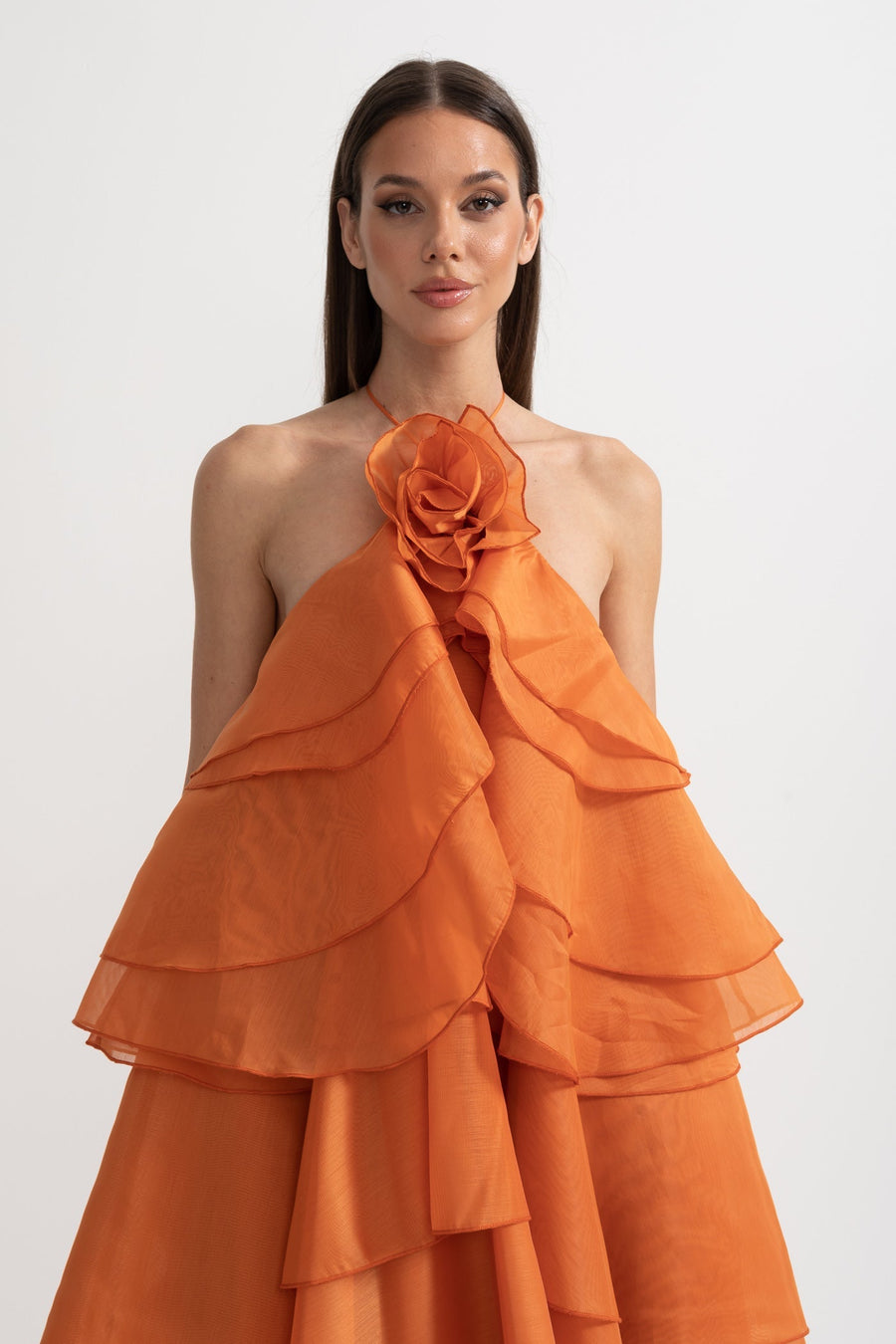 Layered Ruffle Halter Dress With Decorative Neckline Flower - Orange