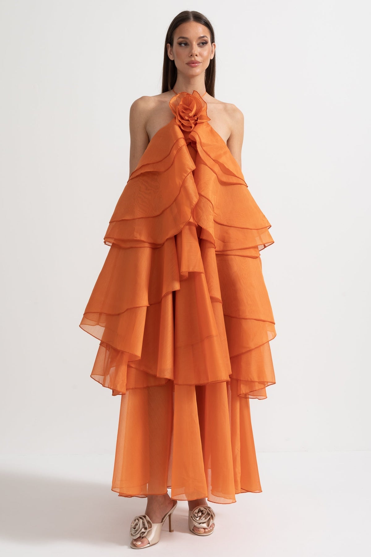 Layered Ruffle Halter Dress With Decorative Neckline Flower - Orange
