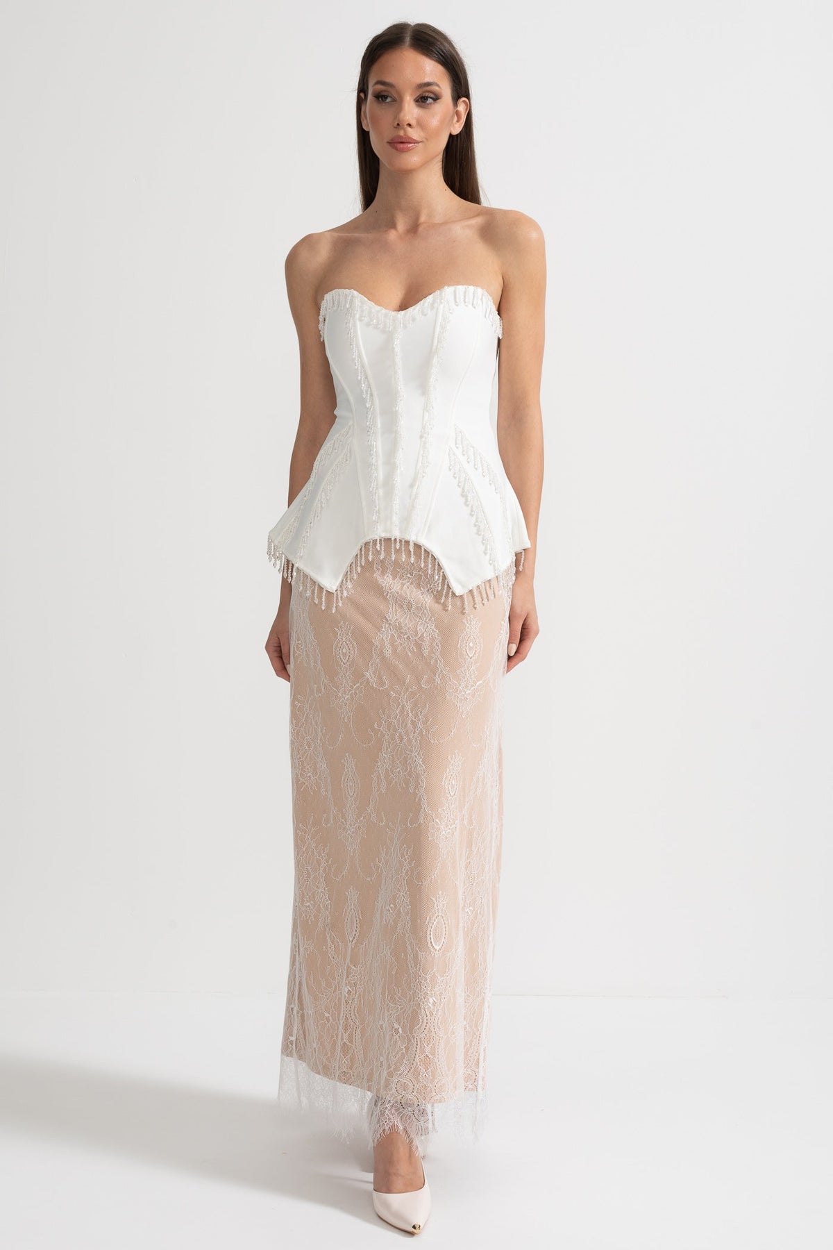 Elegant Corset Gown With Corset Top And Sheer Nude Maxi Skirt - White