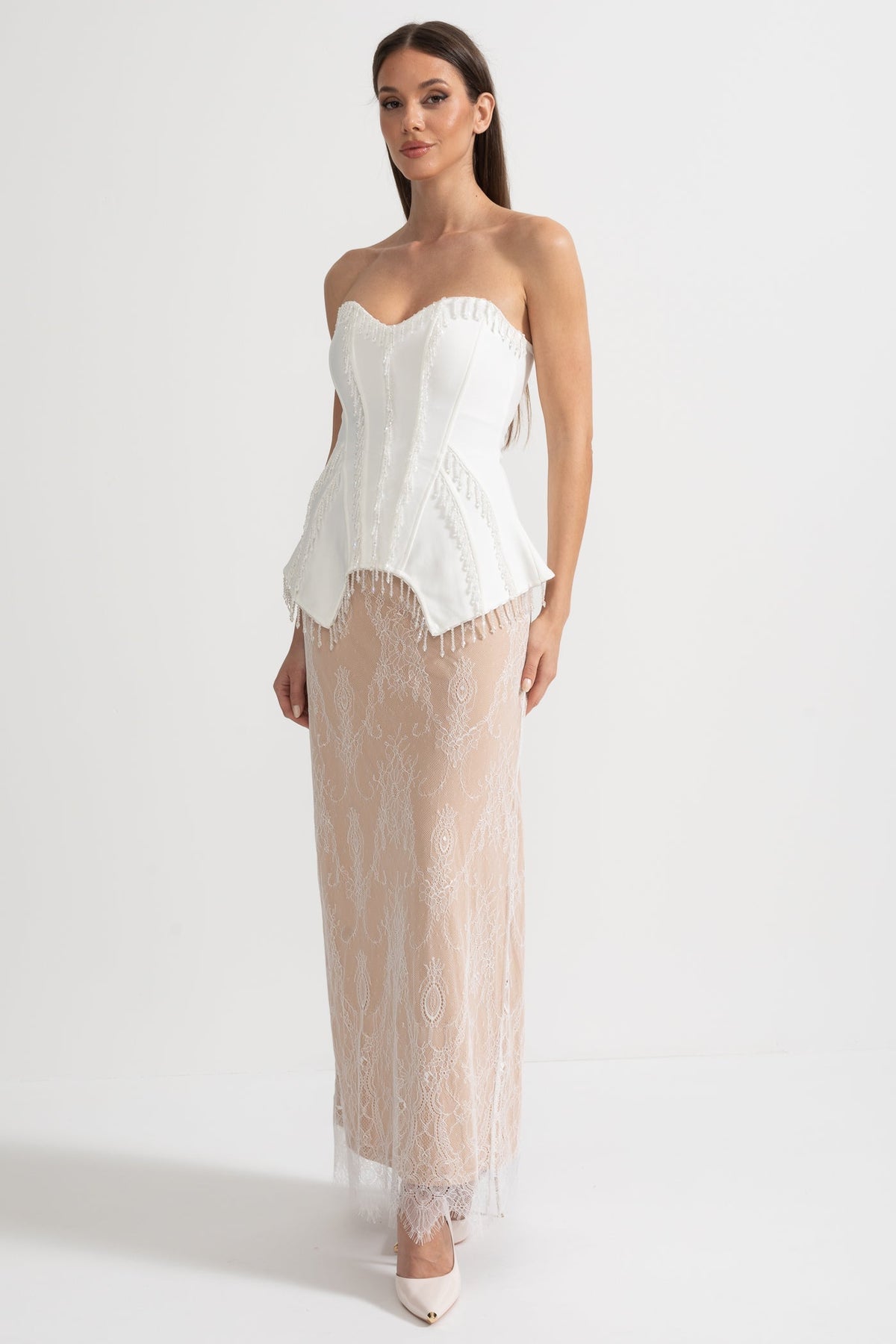 Elegant Corset Gown With Corset Top And Sheer Nude Maxi Skirt - White