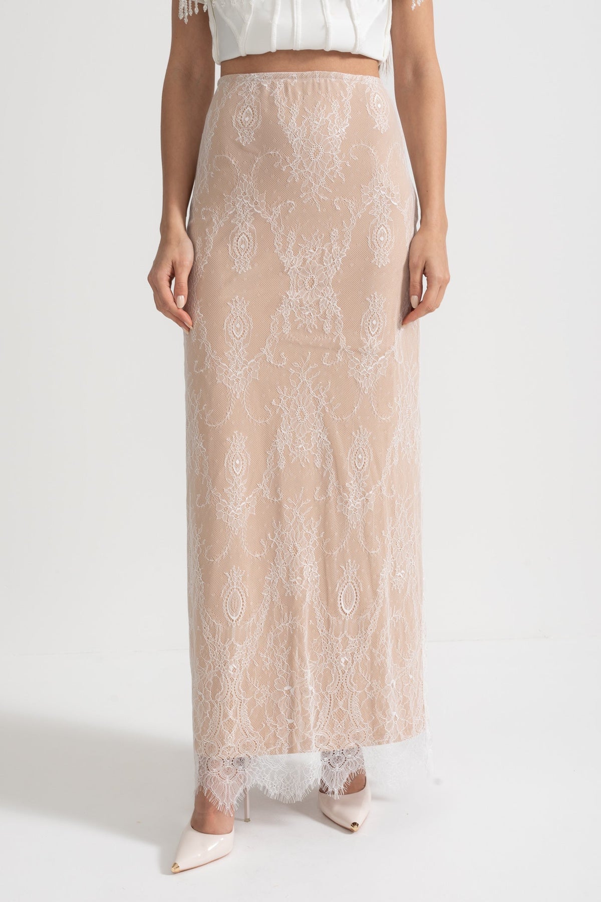 Elegant Corset Gown With Corset Top And Sheer Nude Maxi Skirt - White
