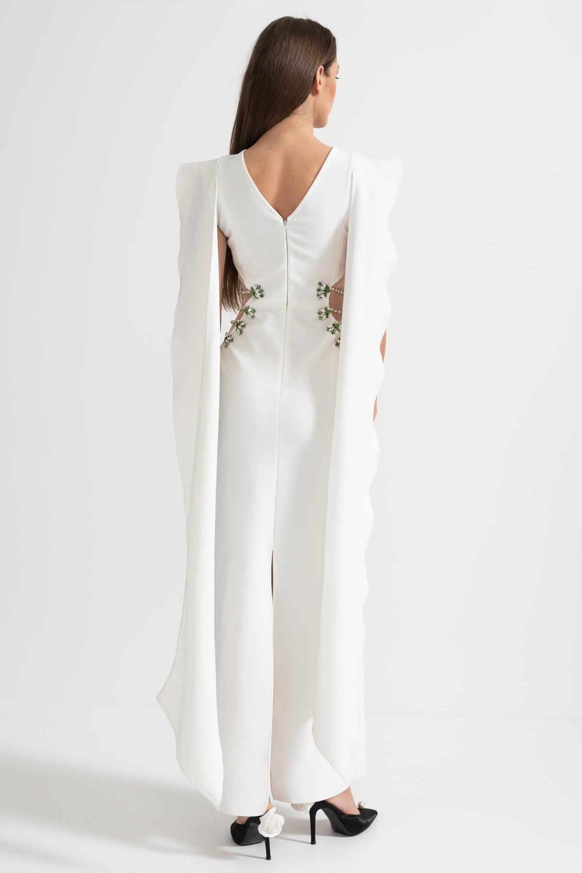 Embellished Cut-Out Maxi Dress with Statement Side Detailing - White