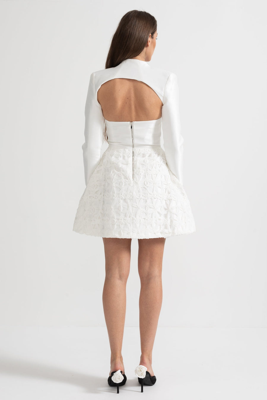 Textured Mini Dress with Detachable Sculptural Shoulder Bolero - White