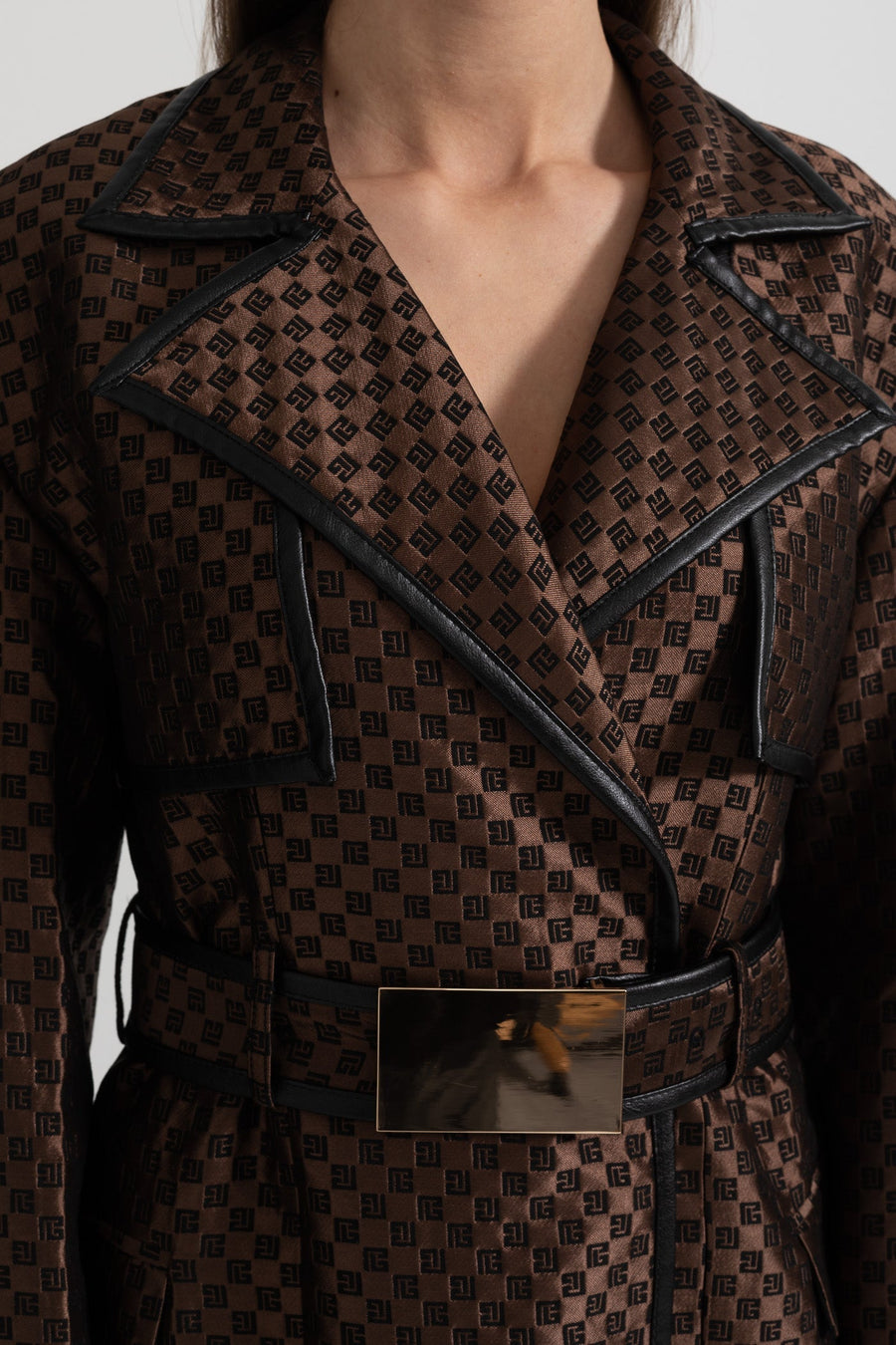 Jacquard Trench Coat With Gold Buckle Waist Belt - Brown