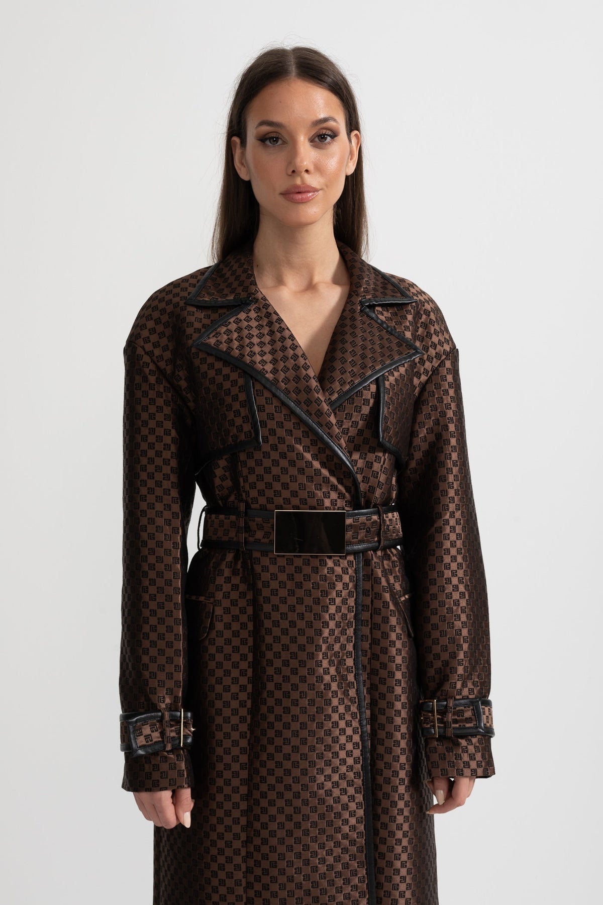Jacquard Trench Coat With Gold Buckle Waist Belt - Brown