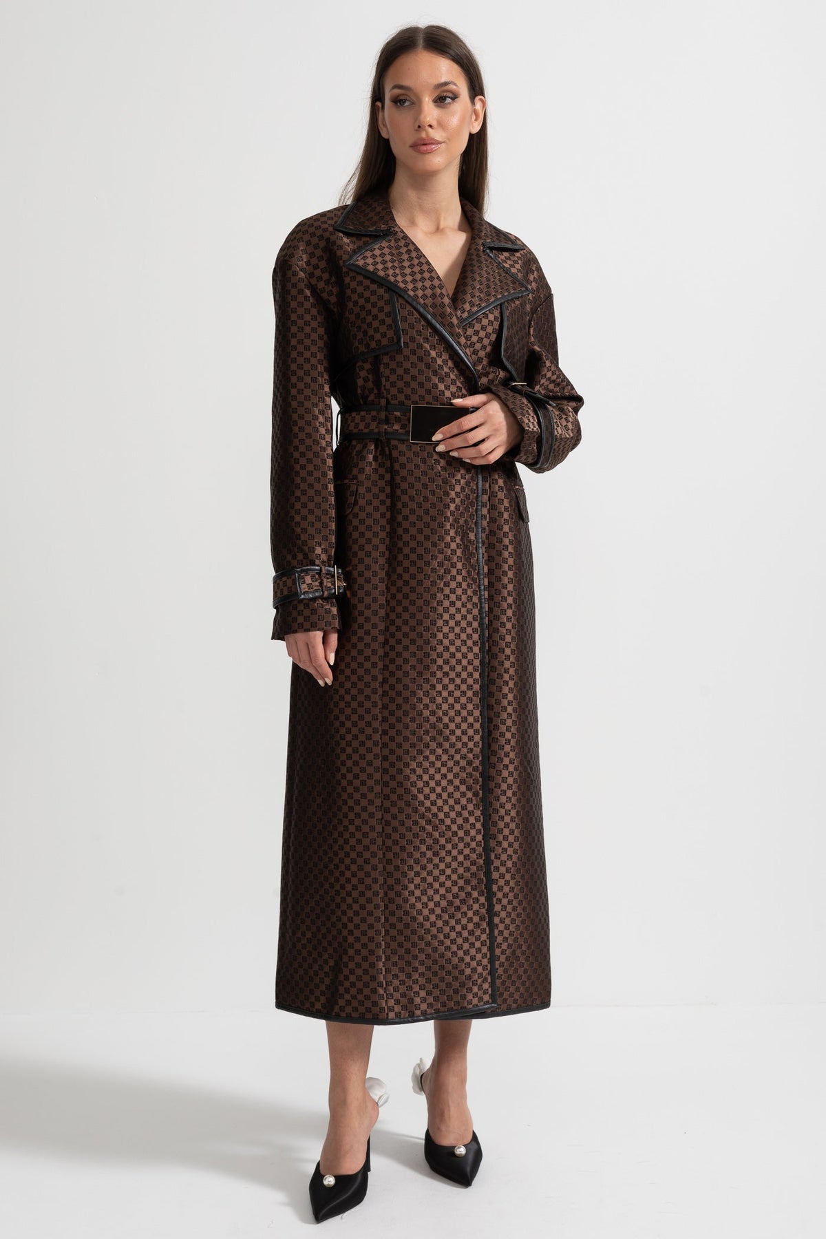 Jacquard Trench Coat With Gold Buckle Waist Belt - Brown