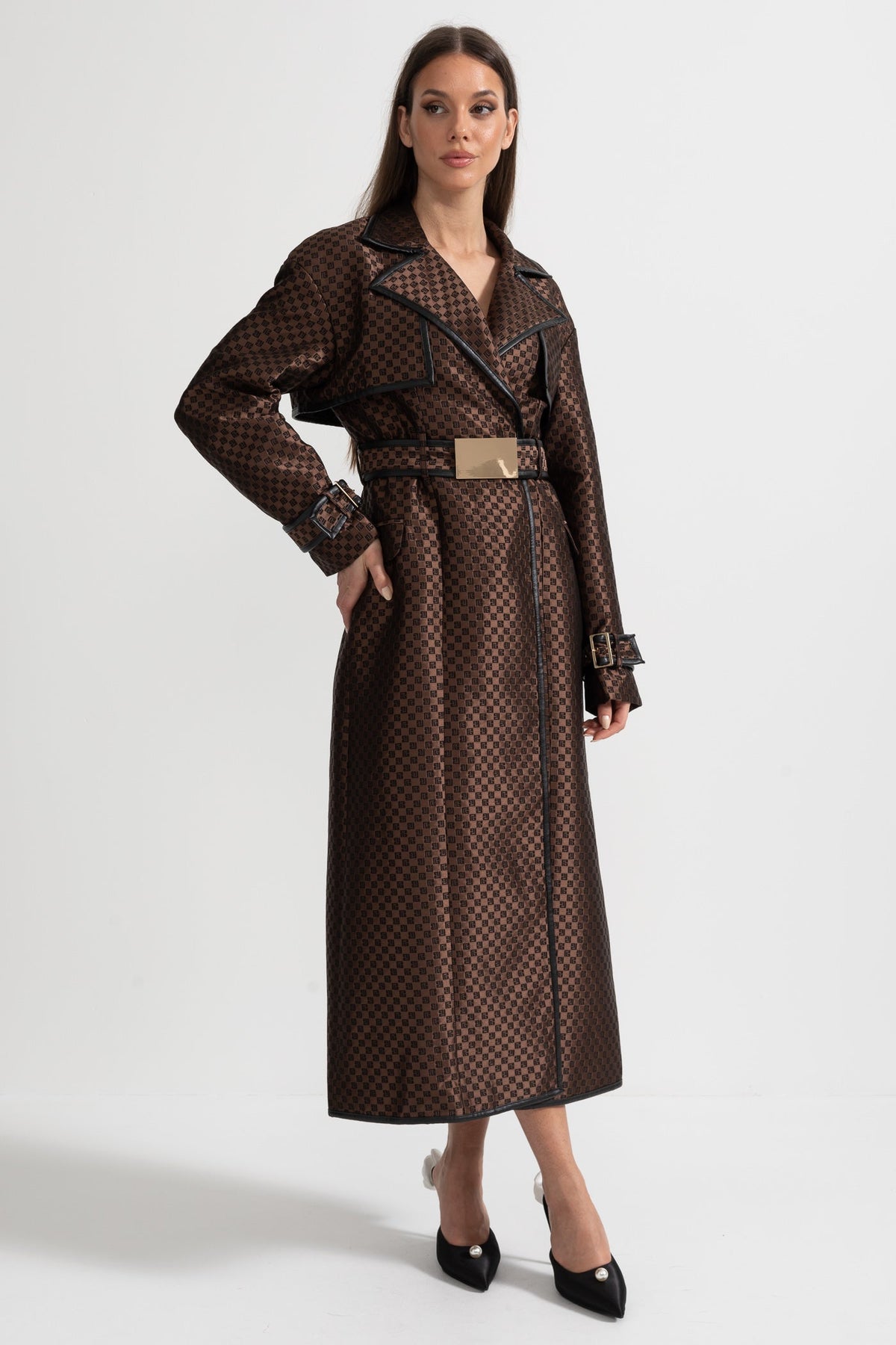 Jacquard Trench Coat With Gold Buckle Waist Belt - Brown