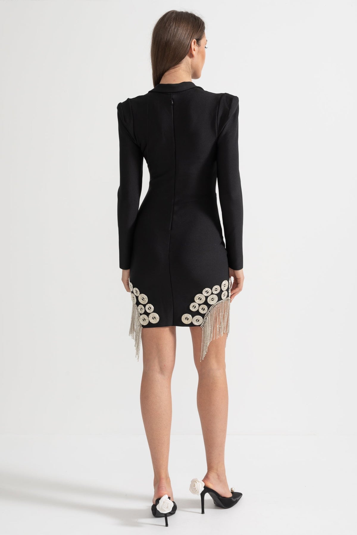 Crystal Embellished Blazer Dress With Structured Shoulders, Deep V-Neckline And Sparkling Fringed Hem - Black