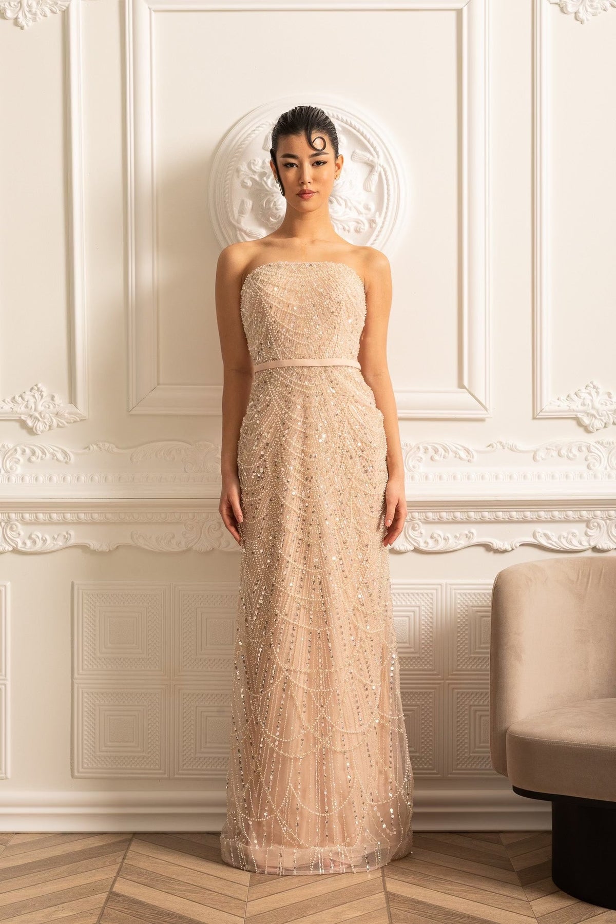 Glamourous Beaded Gown With Detachable Veil - Beige