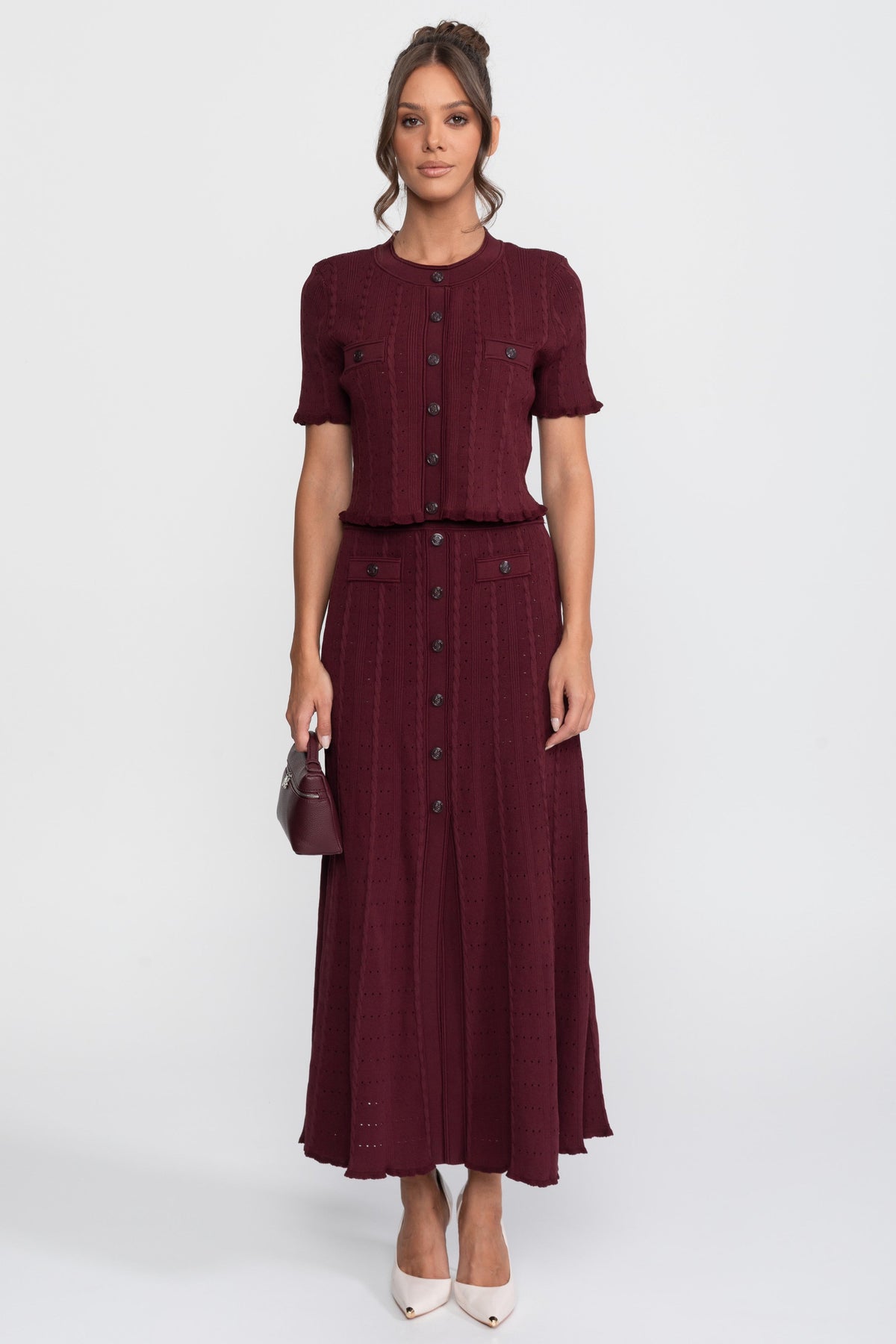 Ribbed Knit Co-Ord Set With Buttoned Front Cardigan And Matching Maxi Skirt - Burgundy